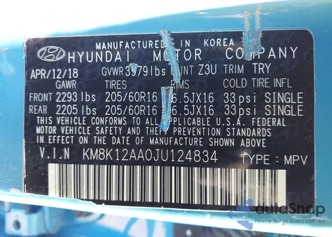 2018 Hyundai Kona Se из США, поврежденный, VIN KM8K12AA0JU124834